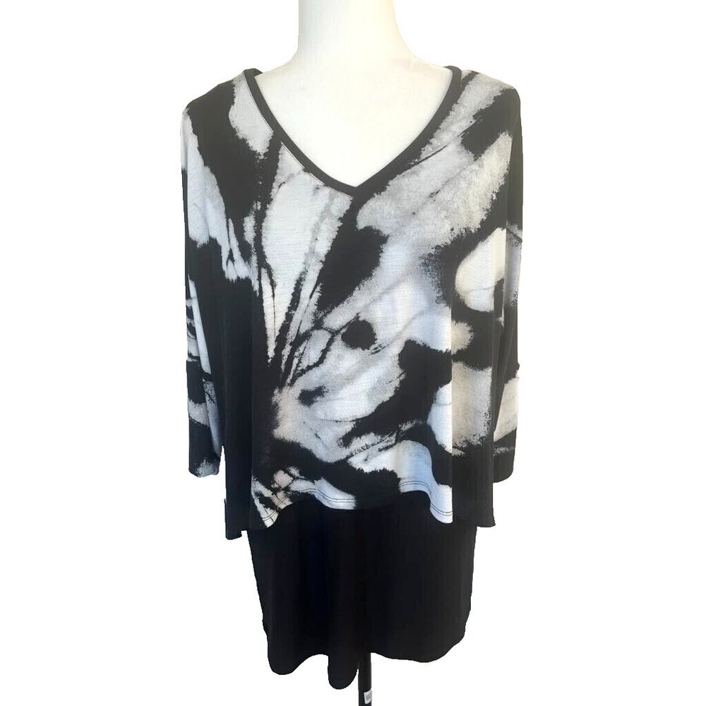 FRANK LYMAN Design Tunic Top Sze 12 Black White 3/4 Sleeve Overlayed Tank V-Neck